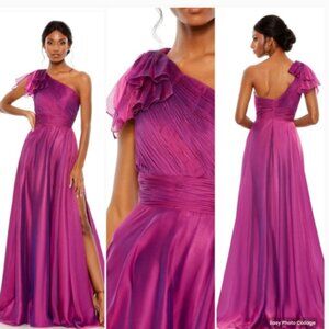 MAC DUGGAL 67475 PLEATED ONE SHOULDER CHIFFON RASBERRY THIGH SLIT GOWN 14